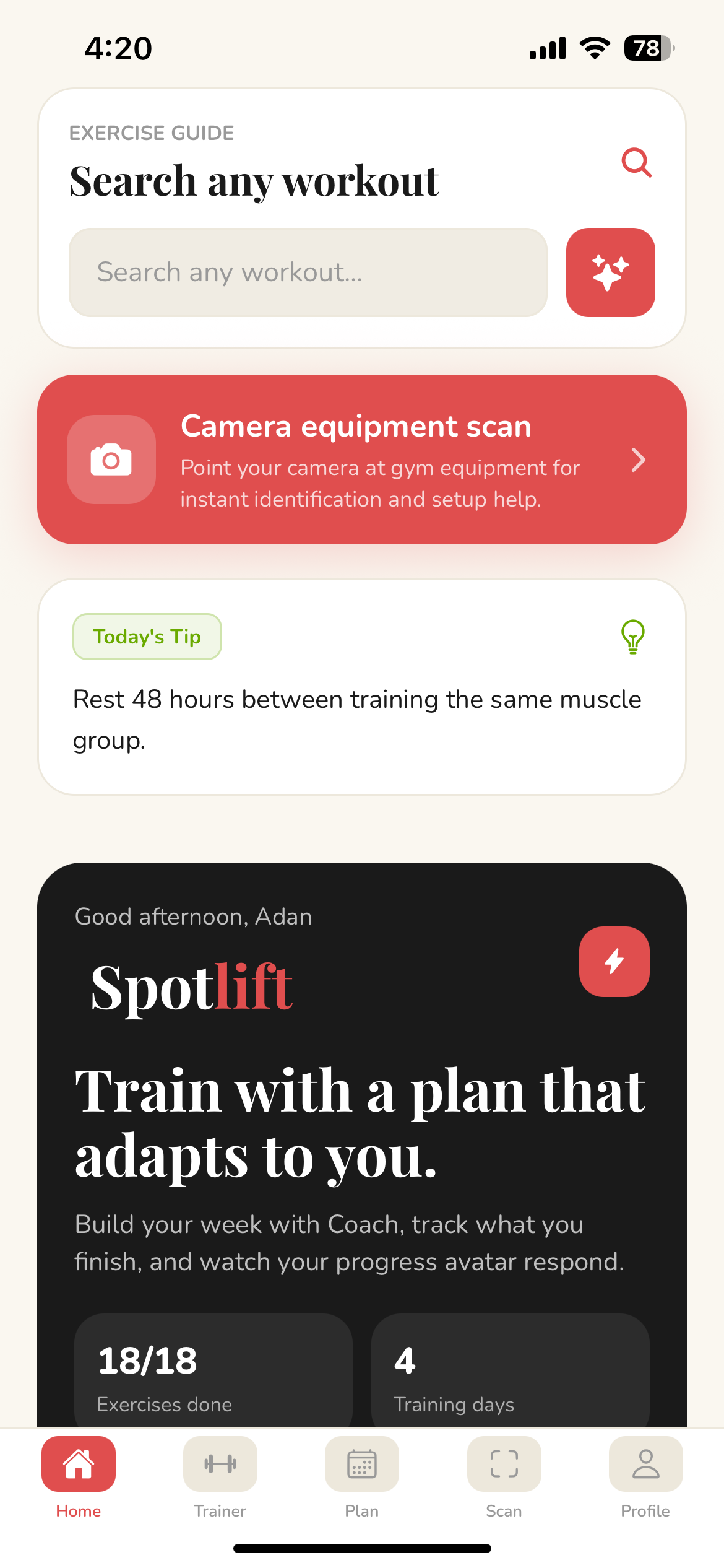 SpotLift app home screen with workout search, camera equipment scan, and training plan